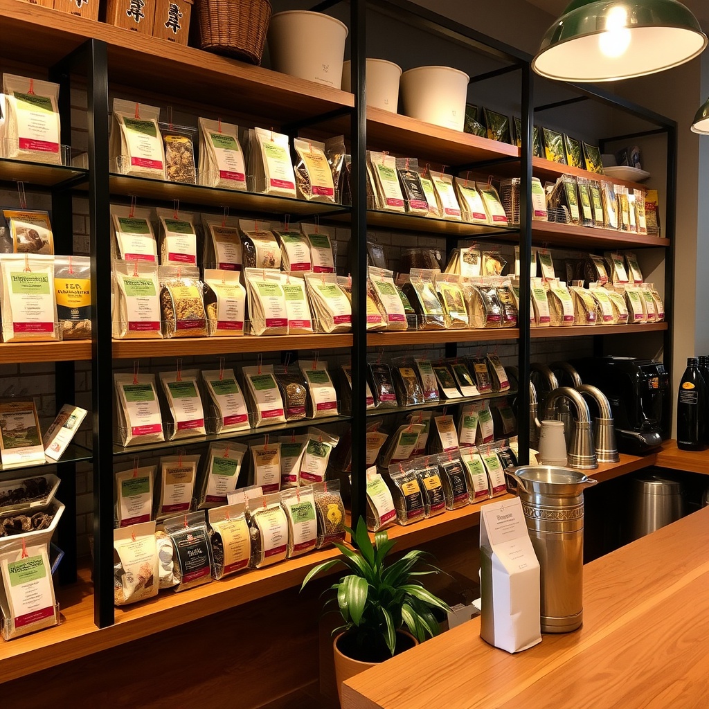 A shelf filled with bags of tea leaves.